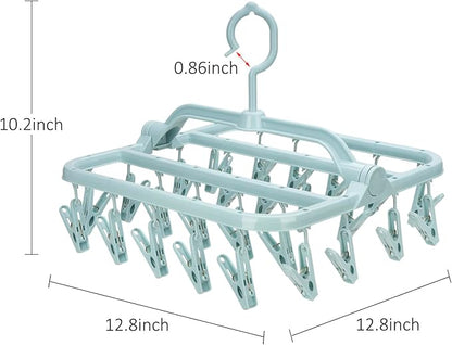 Foldable Clip Hangers with 26 Drying Clips, Underwear Hanger with Clips, Plastic Laundry Clip and Drip Drying Hanger for Socks, Bras, Lingerie, Clothes, Sturdy, Blue