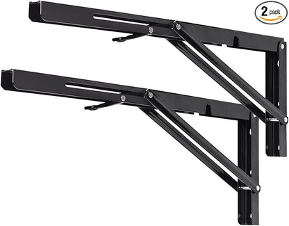 YUMORE Folding Shelf Brackets, 18 Inch Heavy Duty Collapsible Shelf Bracket, Black DIY L Bracket for Workbench Folding Table Hinge, Max Load: 330lb, 2 Pack