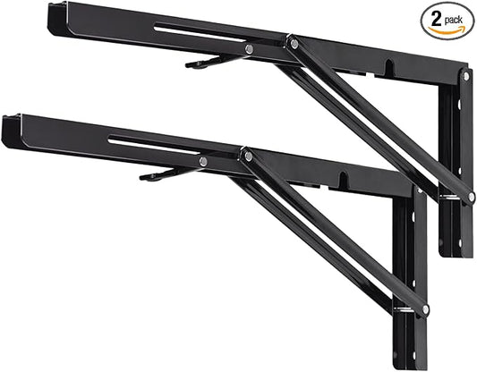 YUMORE Folding Shelf Brackets, 18 Inch Heavy Duty Collapsible Shelf Bracket, Black DIY L Bracket for Workbench Folding Table Hinge, Max Load: 330lb, 2 Pack
