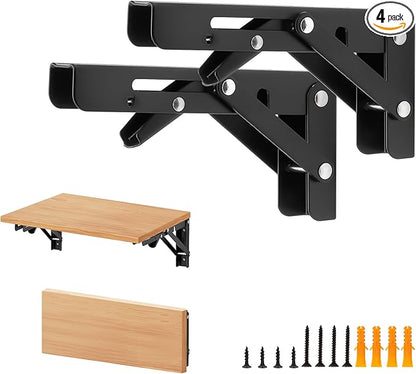 Home Expert 6 Inch Folding Shelf Brackets, 4 Pack (2 Pairs) Heavy Duty Metal Collapsible Wall-Mounted Brackets, Space-Saving DIY Foldable Shelf for Benches and Tables, Matte Black