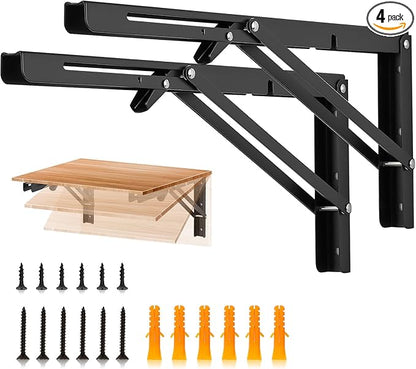 JOY DECOR 16 Inch Heavy Duty Folding Shelf Brackets, 4 Pack (2 Pairs) Collapsible Wall Mounted Brackets for Fold Down Table, Stainless Steel Folding Table Hinge, Matte Black