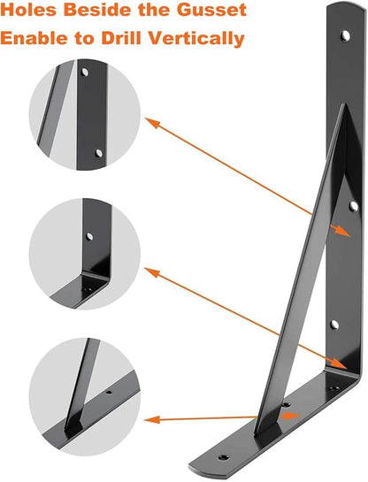 LuckIn 12-Pack Heavy Duty Shelf Bracket 8 Inch, Wall Fit for 8 10 Inch Floating Shelves, L Brackets with 90 Degree Triangle, 250 LBS Max Load, Mounting Hardware Included, Black