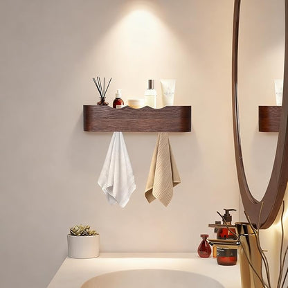 Wall Coat Rack Floating Shelves Modern Coat Rack Wall Mount with Storage Entryway Shelf Wooden Hanger 20 Inch 4 Hidden Metal Hooks for Living Room Bedroom (Wavy Walnut Color, 4 Hooks)