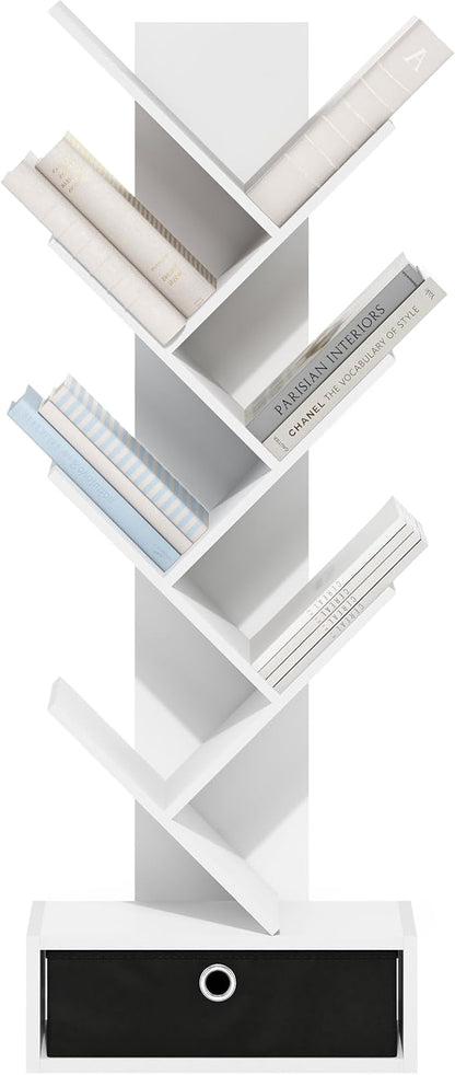 Furinno Tree Book Shelf, 7-Tier Bookshelf, Tree Bookcase with Bin Drawer, 8.4 x 16.9 x 46.2, for Living Room, Bedroom, Home Office, White/Black