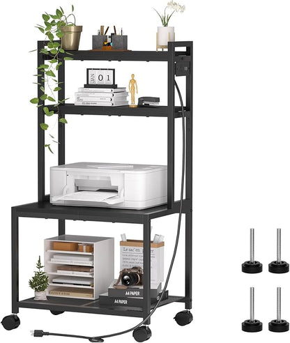 Printer Stand with Charging Station, 4-Tier Printer Stand with Storage, Large Tall Printer Table with Wheels for Home Office, Kitchen, Living Room, PrinterCart Beside Desk for Printer, Scanner Black