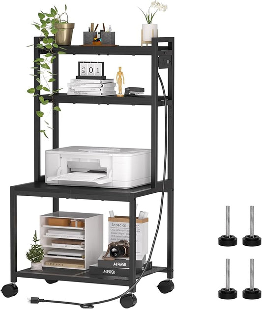 Printer Stand with Charging Station, 4-Tier Printer Stand with Storage, Large Tall Printer Table with Wheels for Home Office, Kitchen, Living Room, PrinterCart Beside Desk for Printer, Scanner Black