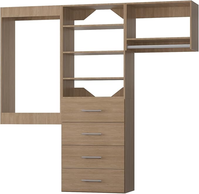 ROOMTEC Modular Closet System, 66" Wall Mounted Closet Organizer with Hanging Rods and Drawers, Modern Wooden Tower for Walk-In Closets, Wardrobe Storage Kit, Wood