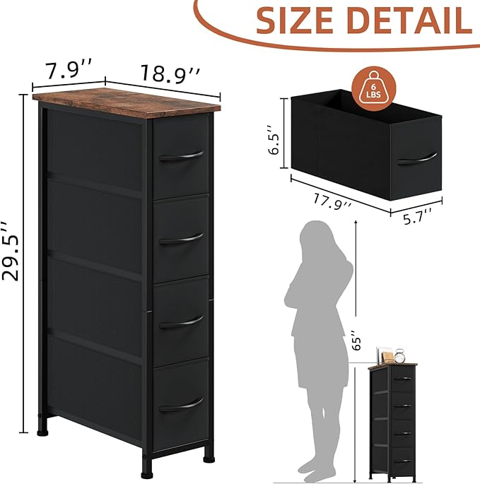Somdot Narrow Dresser with 4 Drawers, Slim Storage Chest of Drawers with Removable Fabric Drawers for Closet Small Spaces Bathroom Bedroom Laundry, Black Rustic Brown Top