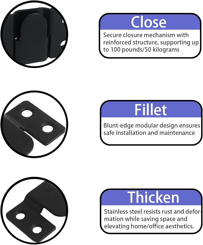 4 Pairs Stainless Steel Flush Mount Bracket Interlocking Headboard Hardware for Picture Hangers,Interlocking Heavy Duty Photo Frame Hook,Interlock Bracket Furniture Connector (Black)