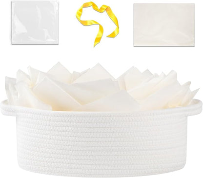 OIAHOMY Gift Basket with Handle, 13.4"x 10"x 5.5" Woven Basket with Gift Bag, Ribbon and Wrap Tissue Paper, Nursery Bins Empty to Fill with Towels, Baby, Pet Toy Organizer - White