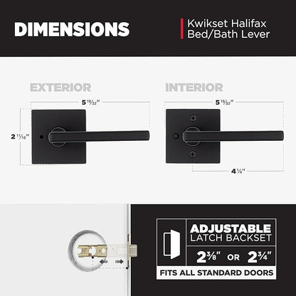 Kwikset Halifax Interior Privacy Door Handle with Lock, Door Lever for Bathroom and Bedroom, Matte Black, Reversible Keyless Turn Lock, with Microban Protection, 4 Pack