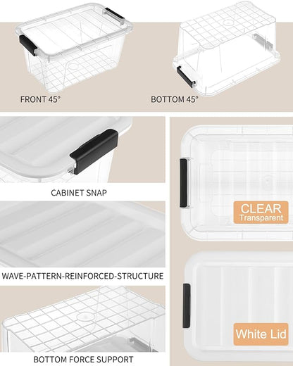 Plastic Storage Bins with Lids 6 Pack, 7 Quart Storage Containers with Black Buckle Latch, Stackable Storage Containers for Home Pantry Office Classroom Organization, White