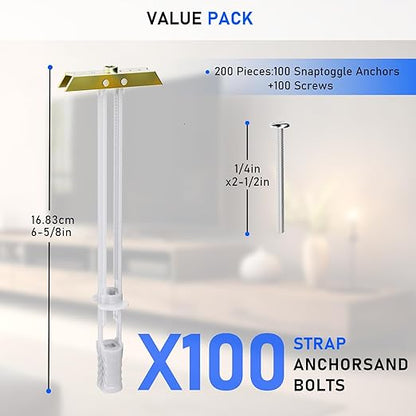 Drywall Anchor with Included Bolts for 1/4”-20, Heavy Duty Hollow Wall Anchors for TV Mounting Kit, Stainless Steel Hollow Wall Anchors Holds up to 270lbs Each in 1/2” Drywall (Pack of 100)