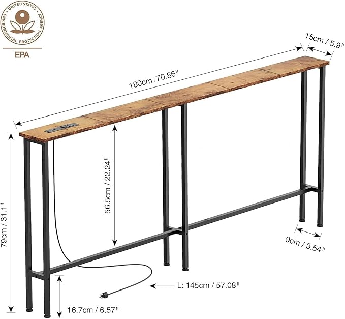 70" Narrow Console Sofa Table - Power Outlets & 2 USB Ports, Metal Frame, Rustic Brown, Perfect for Hallway, Office, and Behind Sofa - Easy Assembly, 4.9' Extension Cord Included