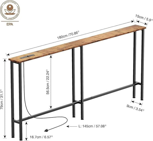 70" Narrow Console Sofa Table - Power Outlets & 2 USB Ports, Metal Frame, Rustic Brown, Perfect for Hallway, Office, and Behind Sofa - Easy Assembly, 4.9' Extension Cord Included
