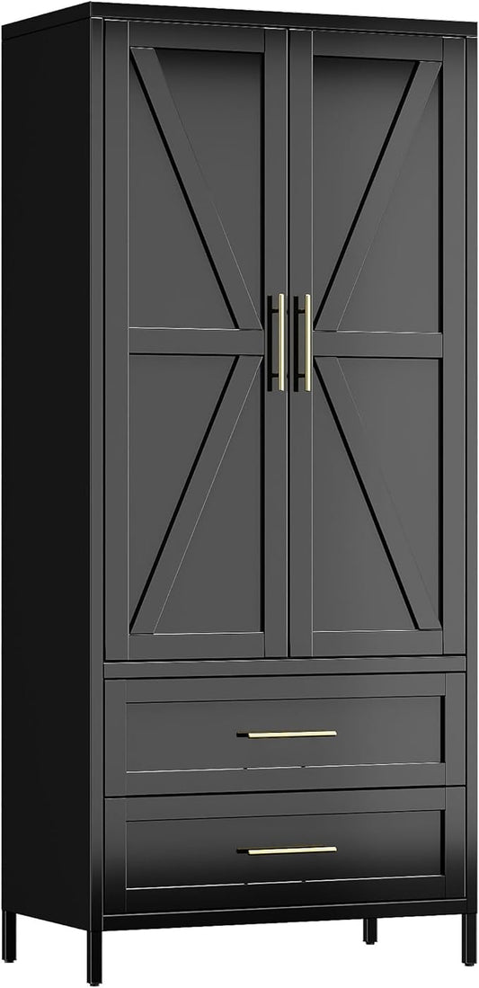 Aobabo Metal Wardrobe Cabinet with 2 Drawers, 71" H Metal Wardrobe Closet with Adjustable Shelf and Hanging Rod for Home, Laundry Room, Black,Installation Required