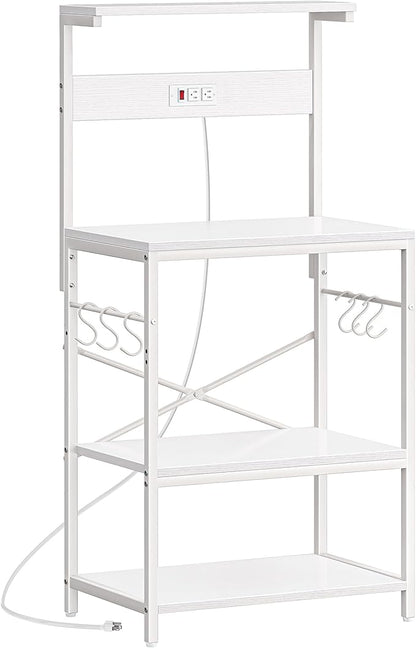 SUPERJARE Kitchen Bakers Rack with Power Outlet, Coffee Bar Table 4 Tiers, Kitchen Microwave Stand with 6 S-Shaped Hooks, Storage Shelf Rack for Spices, Pots and Pans - White