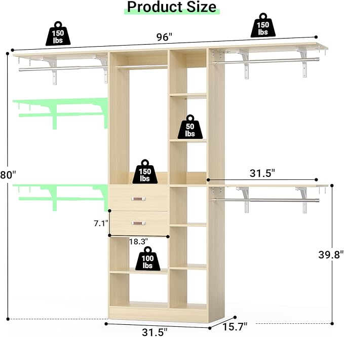 Upgraded 96 Closet System with 18 Storage Place, 8FT Closet Organizers System with 13 Shelves and 2 Wooden Drawers, 96'' Walk-in Closet with 4 Hanging Rods, Adjustable Garment Rack, Natural