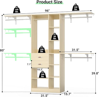 Upgraded 96 Closet System with 18 Storage Place, 8FT Closet Organizers System with 13 Shelves and 2 Wooden Drawers, 96'' Walk-in Closet with 4 Hanging Rods, Adjustable Garment Rack, Natural