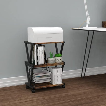 VEDECASA Retro Desktop Printer Stand 2 Tiers Under Desk Wood Printer Shelf Rustic Industrial Farmhouse Wood Storage Book Shelf Table Organizer for Home Office Stylish Sturdy V Shaped (Rustic Brown)