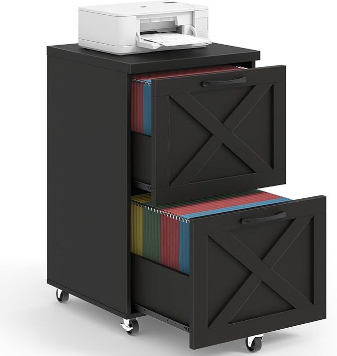 2 Drawer Small File Cabinet with Wheels, Farmhouse Vertical Filing Cabinet Fits A4 or Letter Size, Under Desk Rolling File Cabinets for Home Office, Wooden Printer Stand, Black