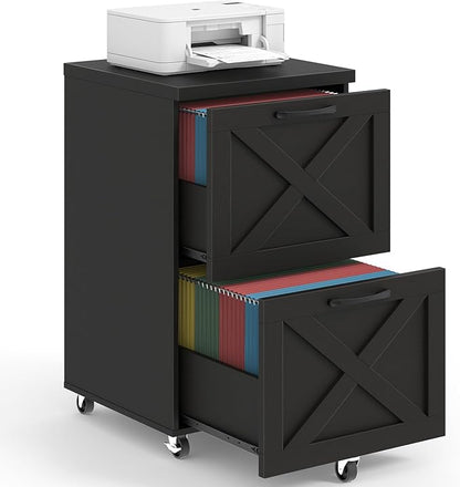 2 Drawer Small File Cabinet with Wheels, Farmhouse Vertical Filing Cabinet Fits A4 or Letter Size, Under Desk Rolling File Cabinets for Home Office, Wooden Printer Stand, Black