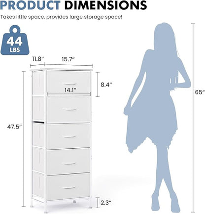 DUMOS Nightstand with 5 Drawers Bedside Table with Removable Fabric Bins Sturdy Steel Frame Wood Top Organizer Furniture for Bedroom Closet Living Room, White