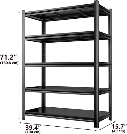 Metal Garage Shelving Unit 5-Tier Adjustable Heavy Duty Storage Shelves, 3000 lbs Capacity Steel Garage Storage Rack Organizer for Garage Basement Warehouse, Black 39.4" W x 17.7" D x 71.2" H