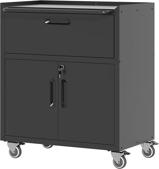 Metal Storage Cabinet with Wheels, Lockable Garage Storage Cabinet with 2 Doors and 1 Drawer, Rolling Tool Cabinet, Assembly Required, Black