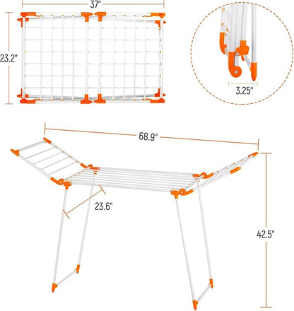 Clothes Drying Rack, Gullwing Laundry Rack, Collapsible, Space-Saving Laundry Rack, with Bonus Sock Clips, for Clothes, Towels, Linens, Indoor/Outdoor, Orange