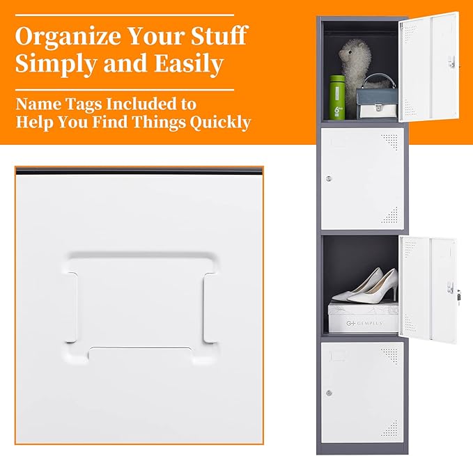Metal Locker with 4 Doors, 71'' Lockers for Employees Steel Storage Locker, Lockable Locker Cabinet for School, Gym, Home Office and Garage（Grey White） (Rectangular)