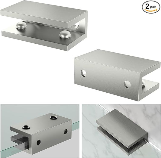 Ranbo 2 Pcs Solid Brass Glass Shelf Brackets, Heavy Duty 4mm Thick Design，for 1/4" to 1/2" Frameless Glass Panels, Wall Mount Support Clips for Shower and Shelves, Brushed Silver