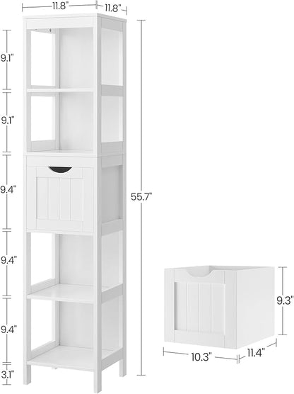 VASAGLE Bathroom Floor Cabinet, Bathroom Storage Organizer Rack Stand, Multifunctional Corner Unit, 2 Drawers, 55.7 Inches in Height, White UBBC066WH01S