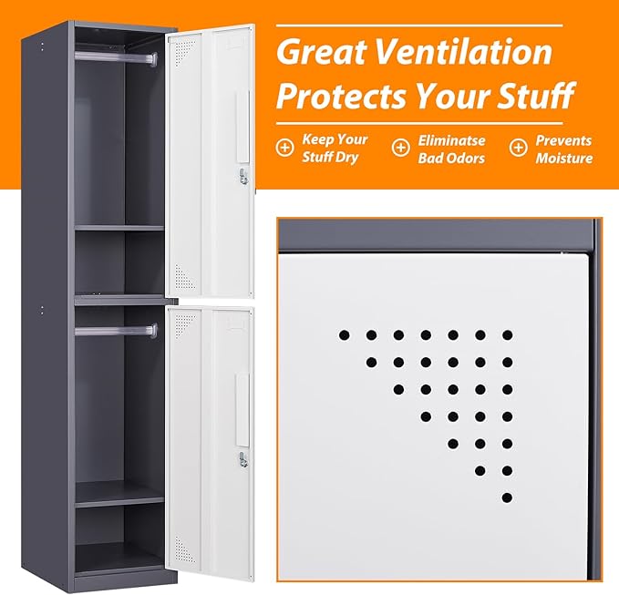 Metal Locker for Home, Dressing Room, 71" Steel Storage Lockers for Employees, Lockable Locker Cabinet with 2 Doors (Grey White)