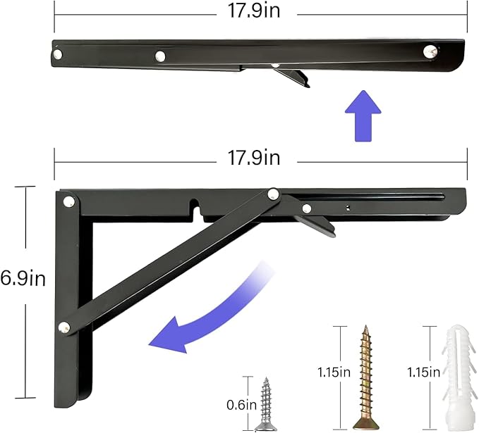 Folding Shelf Brackets,Wall Mounted Shelf Brackets,Heavy Duty Shelf Bracket,Black Metal Shelf Brackets for Bendable Table,Space Saving (18 Inch 6 Pcs)