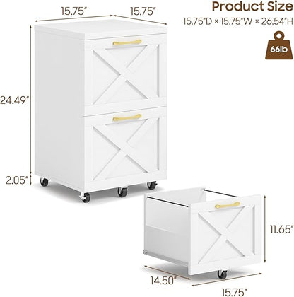 2 Drawer Small File Cabinet with Wheels, Farmhouse Vertical Filing Cabinet Fits A4/Letter Size, Under Desk Rolling File Cabinets for Home Office, Wooden Printer Stand, White