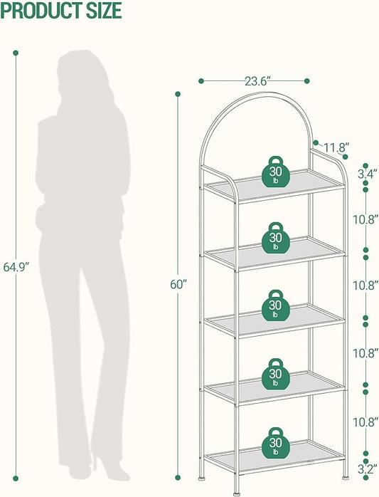 Bookcase Bookshelf, Tempered Glass Bookshelves, Slim Shelving Unit for Bedroom, Bathroom, Home Office, Steel Frame, 5 Tier Gold BC21599G