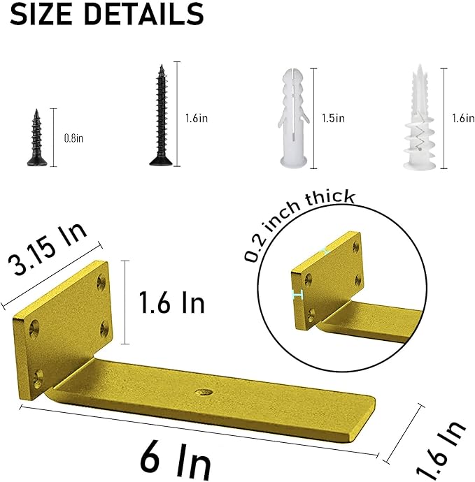 Floating Shelf Brackets Heavy Duty - 1/5 Inch Thick Industrial Gold Metal L Brackets, Premium Solid Steel Shelf Supports for Shelves - 6 Inch Heavy Floating Shelves Hardware (6Pcs)