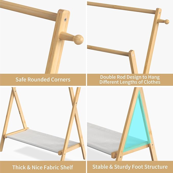 Kids Clothing Rack, Small Clothes Rack for Toddler Pets, Kids Dress Up Rack with Storage Shelf & Double Rods, Foldable Kids Clothes Rack for Nursery Child's Room (Regular Size)