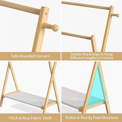 Kids Clothing Rack, Small Clothes Rack for Toddler Pets, Kids Dress Up Rack with Storage Shelf & Double Rods, Foldable Kids Clothes Rack for Nursery Child's Room (Regular Size)
