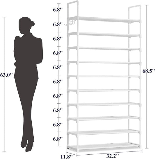 Kitsure Shoe Rack for Closet - 10-Tier Shoe Organizer with Hook Rack, Large-Capacity & Space-Saving Shoe Shelf for Entryway, Bedroom, Living Room,32.2" x 11.8" x 68.5", White