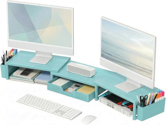 OPNICE Desk Organizers and Accessories, Dual Monitor Stand Riser with Drawer and 2 Pen Holders, Desk Shelf Metal Computer Monitor Stand for Office Workspace Organizers, Desktop Organization (Blue)