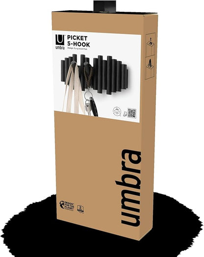 Umbra Picket Wall-Mounted Coat Rack Rail Hook with 5 Retractable Wood Pegs – Modern, Space-Saving Storage Organizer, Black