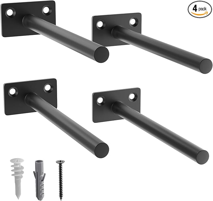 LEOPO 4-Pack 6 inch Floating Shelf Brackets, Hidden Shelf Bracket for Wood, Concealed Blind Shelving Support,Invisible Black Coated Brackets for DIY Decorative,Fit for Kitchen, Bathroom,Study Room