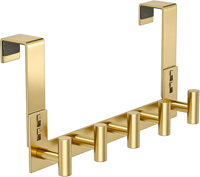 PMMASTO Over The Door Hooks, Fits 1-3/4" Thick Door No Drill Hooks for Closet Bathroom Bedroom Organization, Hanger for Coat Towel Robe (Gold, 5 T-Hooks)