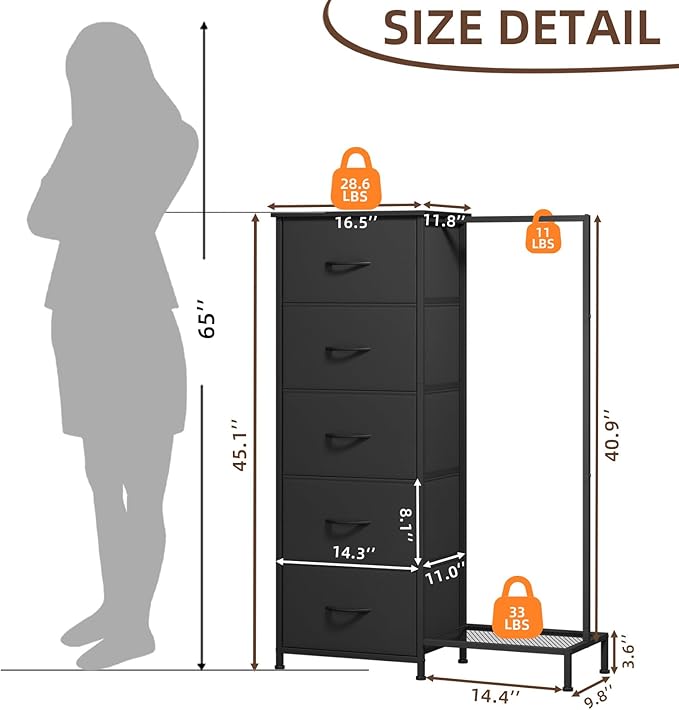 Somdot Dresser with Hanging Rack, 5 Drawers Small Closet for Bedroom, Reversible Dresser with Clothes Rack, Kids Dressers for Bedroom Chest of Drawers, Tall Storage Tower, Black