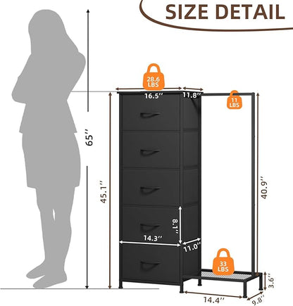 Somdot Dresser with Hanging Rack, 5 Drawers Small Closet for Bedroom, Reversible Dresser with Clothes Rack, Kids Dressers for Bedroom Chest of Drawers, Tall Storage Tower, Black