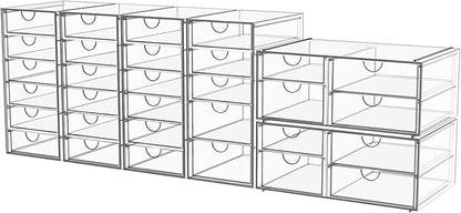Acrylic Makeup Organizer with 31 Drawers, 6 Pack Clear Storage Drawers, Bathroom Makeup Organizer for Palettes, Cosmetic, and Beauty Supplies,Ideal for Vanity, Cabinet,Desk Organization