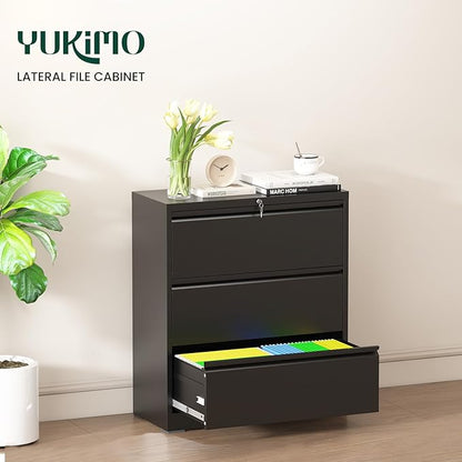3 Drawer Lateral File Cabinet, Metal File Cabinets for Home Office with Lock, Large Filing Storage Cabinet Printer Stand, Steel Wide File Cabinet for Legal/A4/F4/Letter,Require Assembly,Black