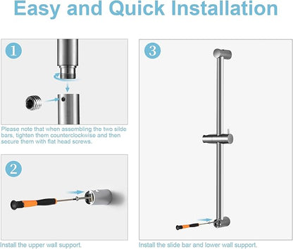 OFFO Shower Slide Bar 33 in Segmental Slide Bar Adjustable Installation Distance 20-32 in with 360° Adjustable Handheld Shower Head Holder for Bathroom, Screw Wall Mounted, Chrome Finish (Pack of 2)